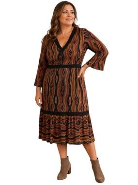 New York & Company XL Boho Print Midi Dress Bell Sleeve V Neck NWT
